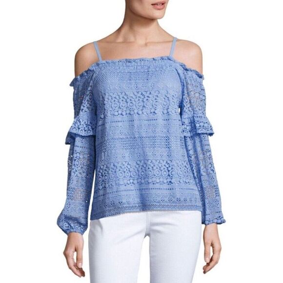 NWT PARKER "JORDANA" COLD SHOULDER EYELET LACE BLOUSE TOP Sz XS POWDER BLUE $210 - Picture 1 of 8